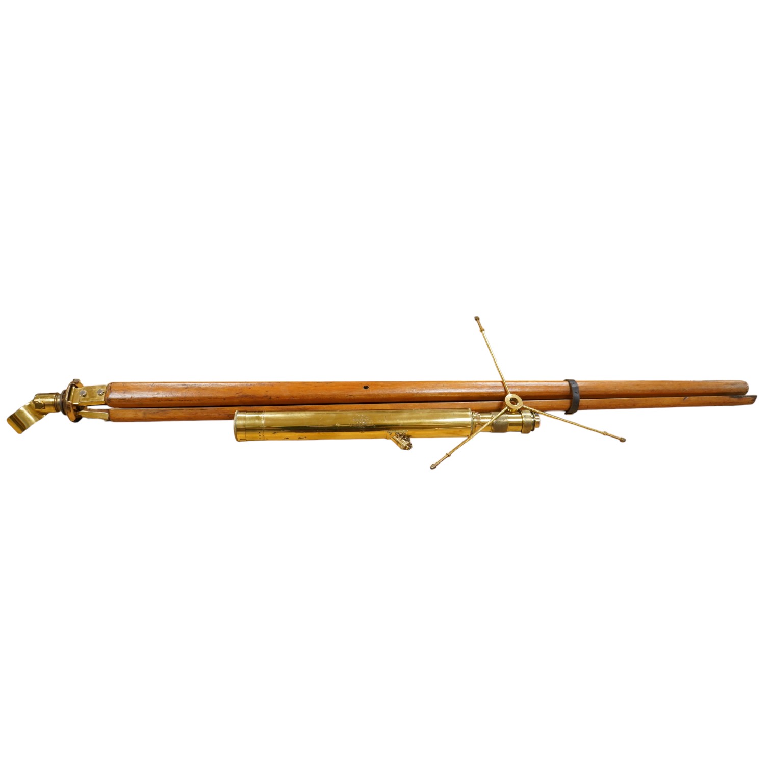 An early 20th century brass telescope with teak tripod by W. Ottway & Co., engraved with; Orion Works Ealing, ‘No.1058, VP 7 to 21 Day & Night Sight Patent 1906’, telescope 65cm long, tripod 160cm. Condition - good.